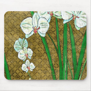 Mousepad Flores brancas e caules verdes na fronteira castan