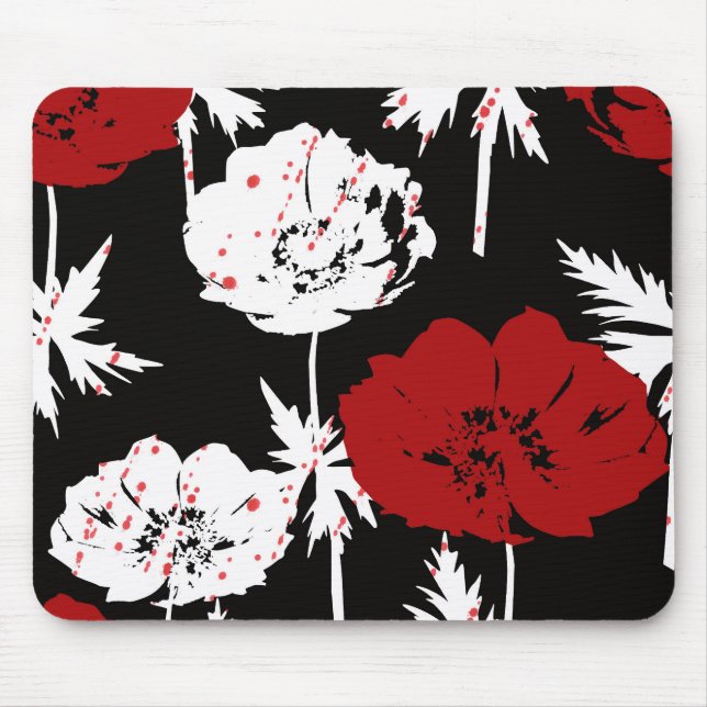Mousepad Flores brancas e vermelhas a preto. (Frente)
