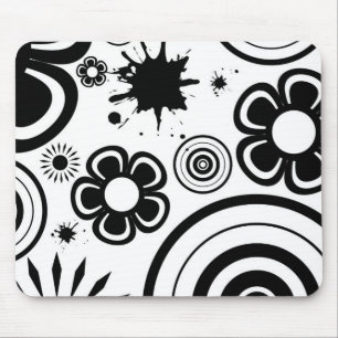 Mousepad Flores caprichosas em preto e branco, círculos, re