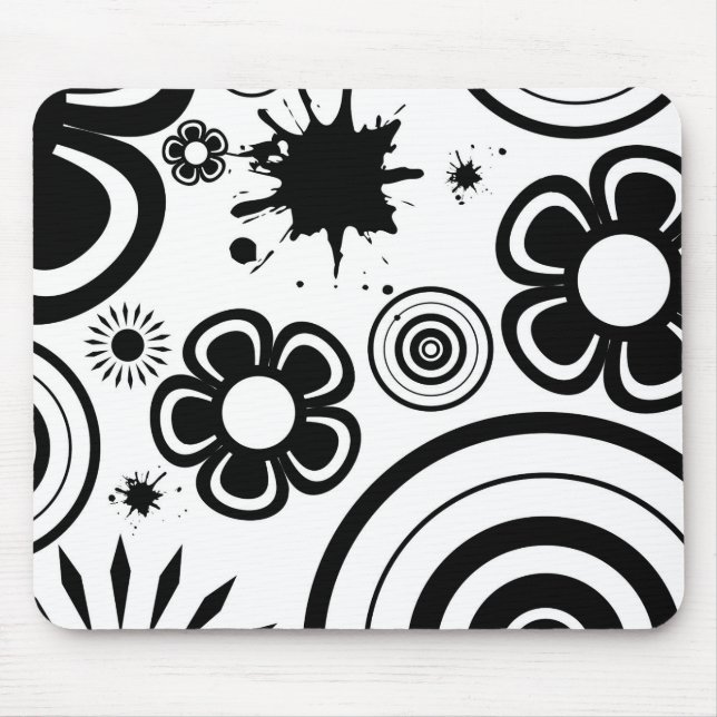 Mousepad Flores caprichosas em preto e branco, círculos, re (Frente)