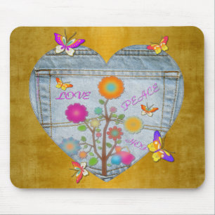 Mousepad Flores Cardíacas Denim Pocket Borboletas em Doura