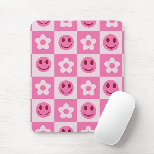 Mousepad Flores checadas e rostos felizes rosa (Com mouse)
