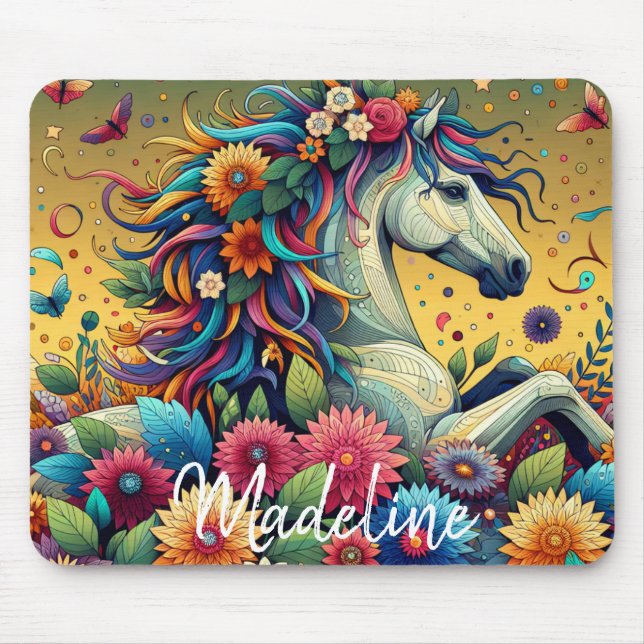 Mousepad Flores Coloridas Bem Caprichosas e Cavalo Branco (Frente)