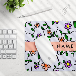 Mousepad Flores Coloridas, Fundo Azul, Laranja