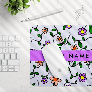 Mousepad Flores Coloridas, Fundo Azul, Roxo