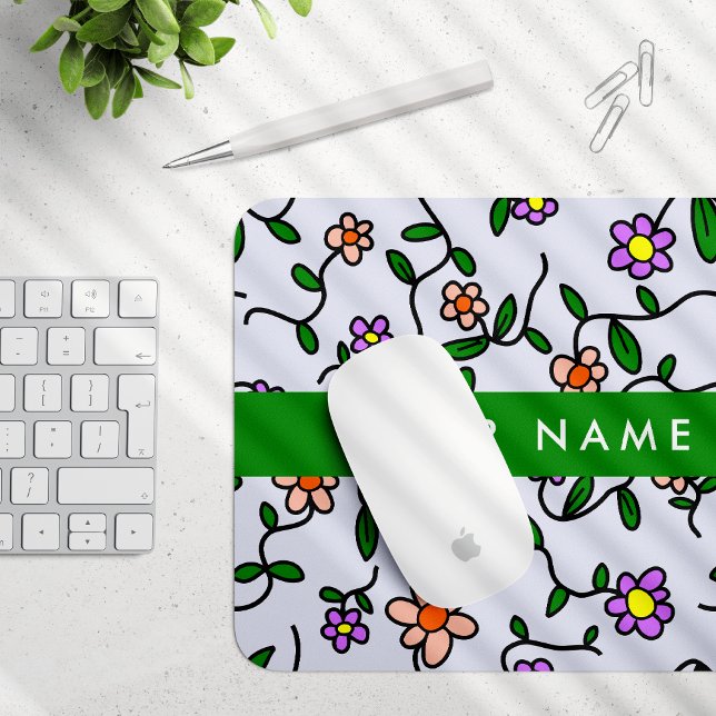 Mousepad Flores Coloridas, Fundo Azul, Verde (Criador carregado)