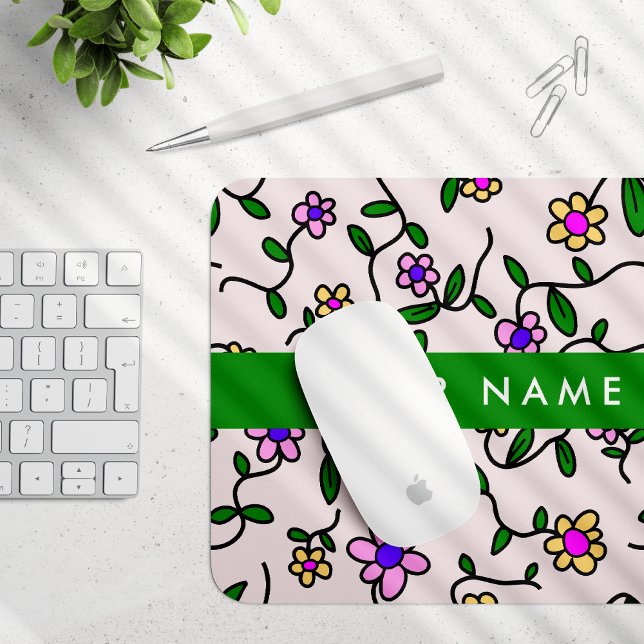 Mousepad Flores Coloridas, Fundo Rosa, Verde (Criador carregado)
