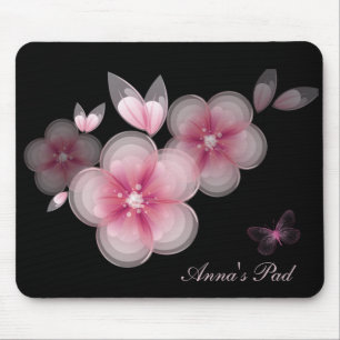Mousepad Flores cor-de-rosa com borboleta em preto