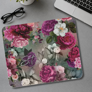 Mousepad Flores cor-de-rosa elegantes monograma cinza