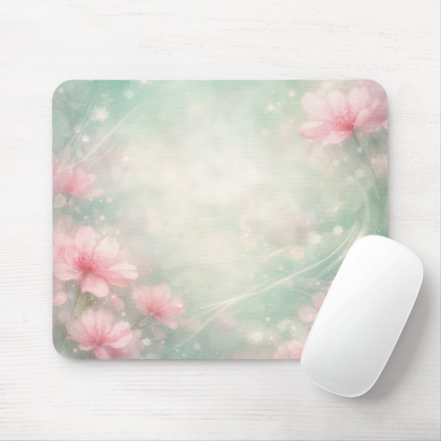 Mousepad Flores Cor-de-Rosa em Verde-Limão Abstrato Etéreo (Com mouse)