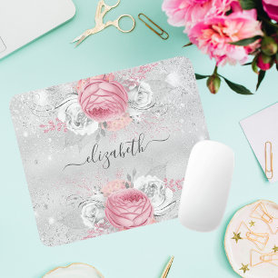 Mousepad Flores cor-de-rosa prateadas com nome brilhante sc