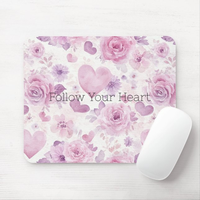 Mousepad Flores Corações Roxos Rosa (Com mouse)