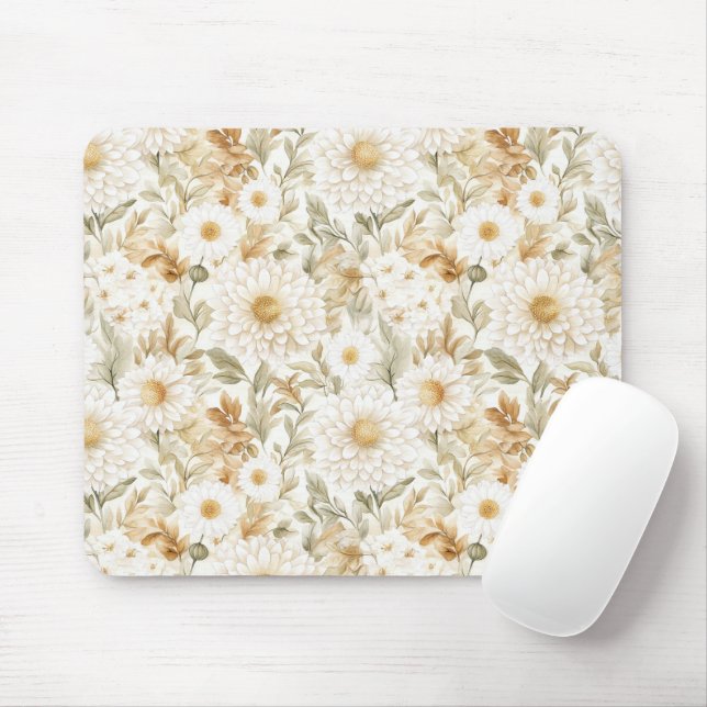 Mousepad Flores Country Branco Dourado Creme (Com mouse)