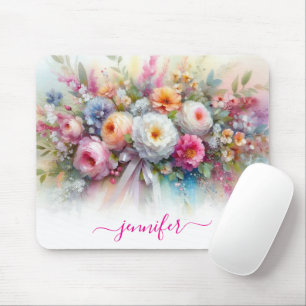 Mousepad Flores de Aquarela Caligrafia Script Seu Nome