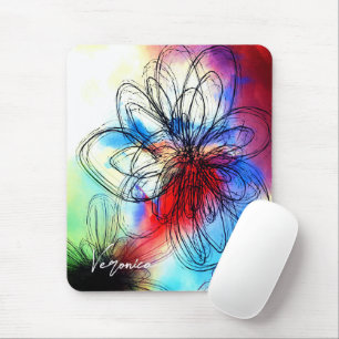 Mousepad Flores de Aquarela Coloridas Assinatura Abstrato