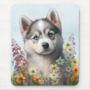 Mousepad Flores de Aquarela e Cachorrinho Husky Siberiano