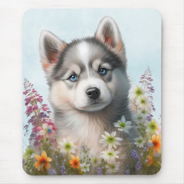 Mousepad Flores de Aquarela e Cachorrinho Husky Siberiano (Frente)