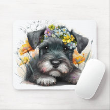 Flores de Aquarela e Cachorrinho Schnauzer
