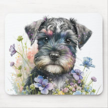 Flores de Aquarela e Cachorrinho Schnauzer