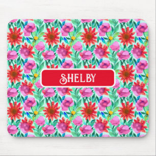 Mousepad Flores de Aquarela em Teal, Vermelho e Rosa