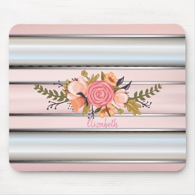 Mousepad Flores de Aquarela,Listras Prata - Personalizado (Frente)