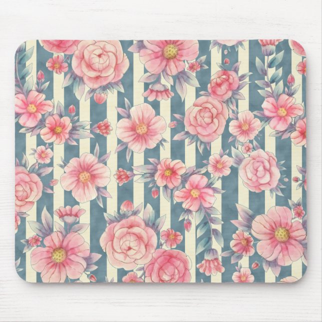 Mousepad Flores de Aquarela Rosa em Stripes (Frente)