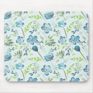 Mousepad Flores de Aquarelas Verdes Azuis Elegantes Boho