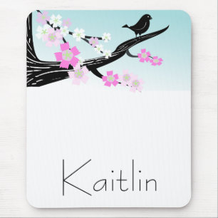 Mousepad Flores de cerejeira customizáveis do pássaro do