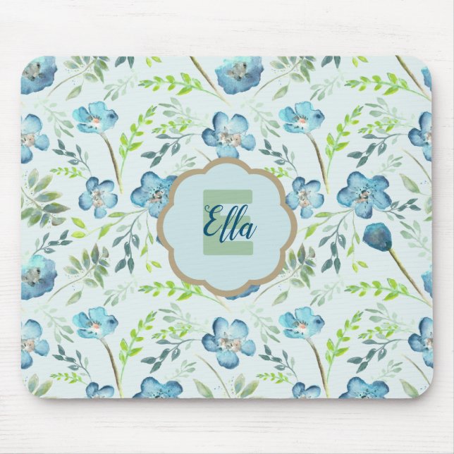Mousepad Flores De Cores Azuis De Boho Elegantes Monogramad (Frente)