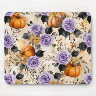 MOUSEPAD FLÔRES DE HALLOWEEN ROXAS & ABÓBORAS LARANJAS