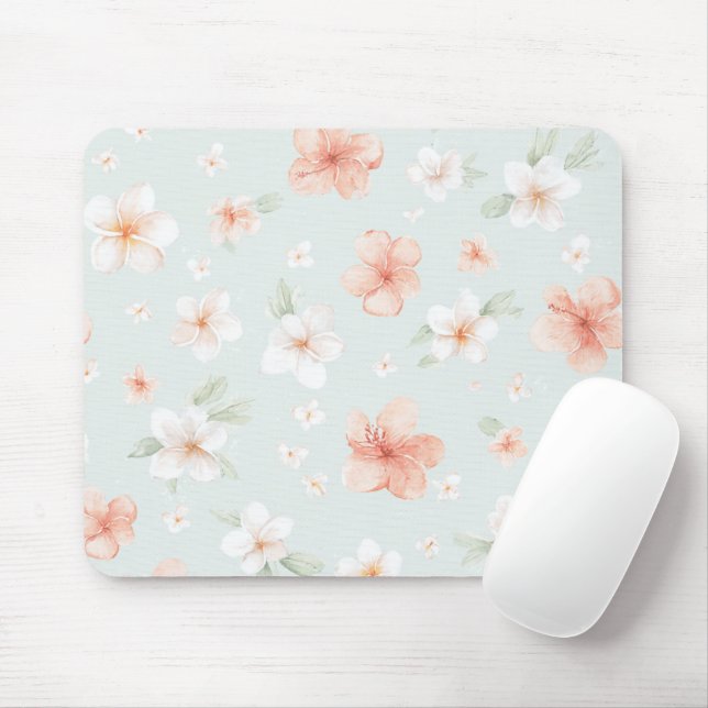 Mousepad Flores de Hibisco Brancas de Pêssego Tropical (Com mouse)