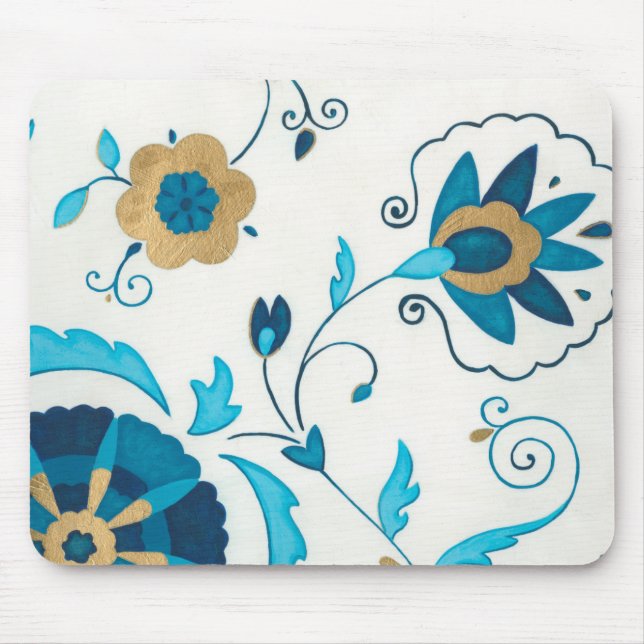 Mousepad Flores de Indigo Douradas com Fundo Branco (Frente)