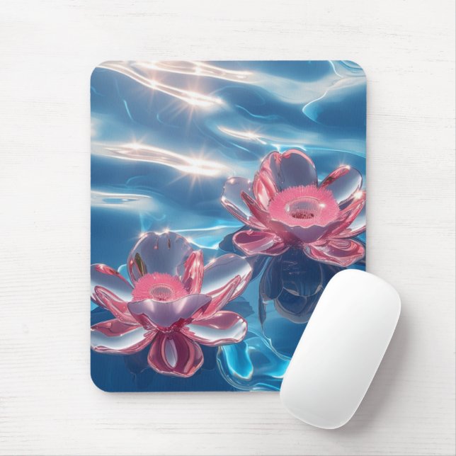 Mousepad Flores de Lotus Rosa Flutuando em Água Azul Crista (Com mouse)