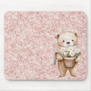 Mousepad Flores de Margarida de Urso Doce Brilho Rosa