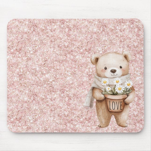 Mousepad Flores de Margarida de Urso Doce Brilho Rosa (Frente)