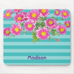 Mousepad Flores de margarida rosa frescas em tiras de turqu