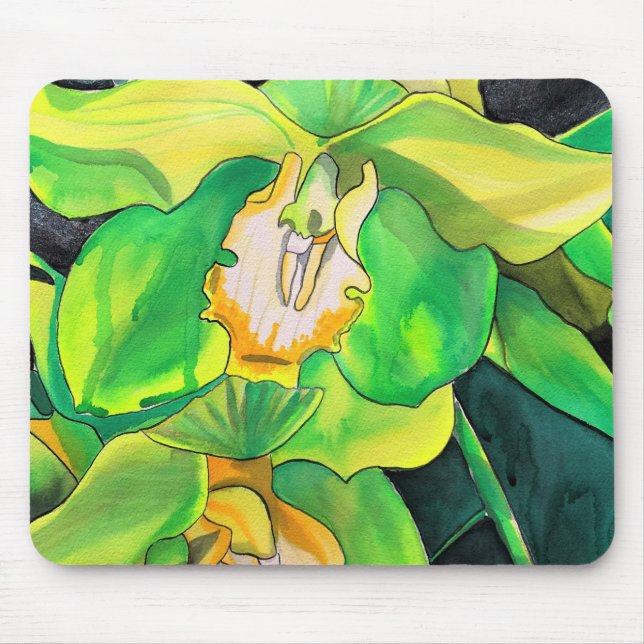 Mousepad Flores de orquídea verdes e amarelas arte (Frente)