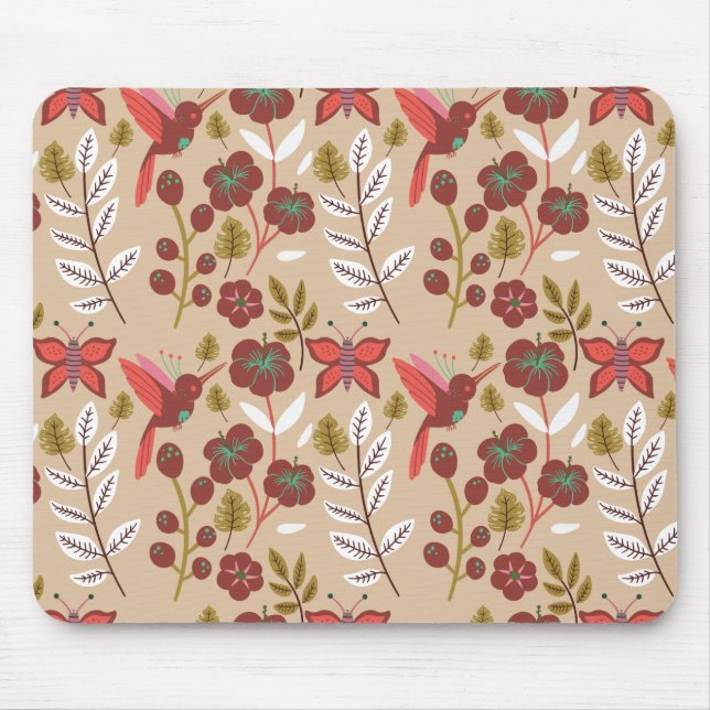 Mousepad Flores de padrão sem costura, pássaros, borboletas (Frente)