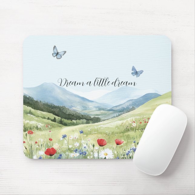 Mousepad Flores de Papoula Vermelha Borboletas Azuis (Com mouse)