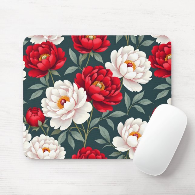 Mousepad Flores de peônia vermelhas e brancas  (Com mouse)