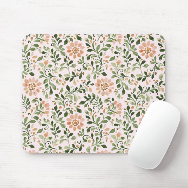 Mousepad Flores de Pêssego Bege Folhas Verdes (Com mouse)