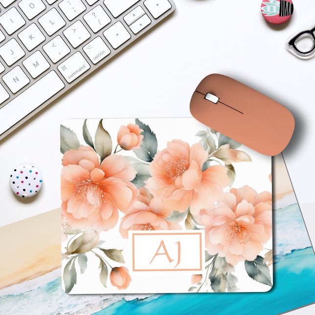 Mousepad Flores de Pêssego em Aquarela Moderna Monogramas I (Criador carregado)