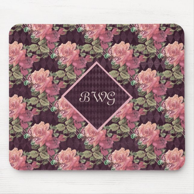 Mousepad Flores de Pêssego em Monograma de Ouros Roxos (Frente)