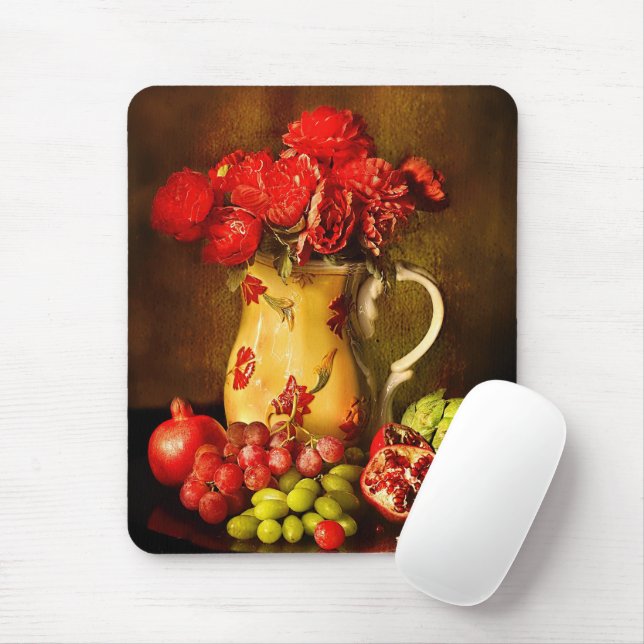 Mousepad Flores de pintura de óleo de vindima em veado com  (Com mouse)
