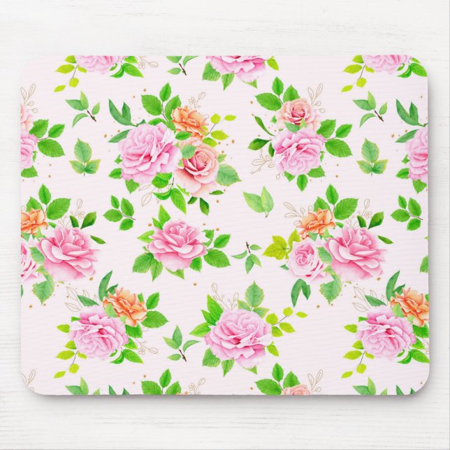 Mousepad Flores de Rosa Floral com Padrão de Folhas Verdes (Frente)