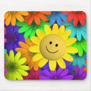 Mousepad Flores de Rosto Feliz Colorido do Arco-Íris
