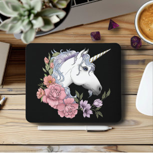 Mousepad Flores de Unicórnio Branco Encantado Rosa Preto