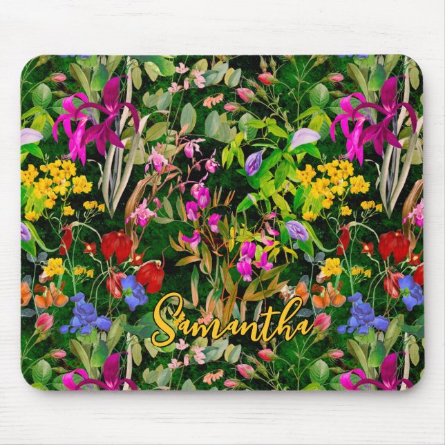 Mousepad Flores doces deixam um padrão de monograma verde (Frente)