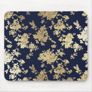 Mousepad Flores douradas azuis de marinho Elegante