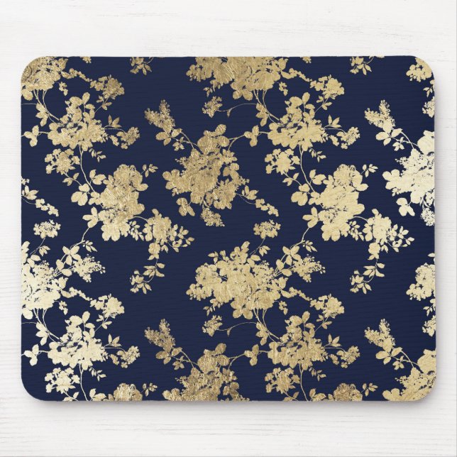 Mousepad Flores douradas azuis de marinho Elegante (Frente)